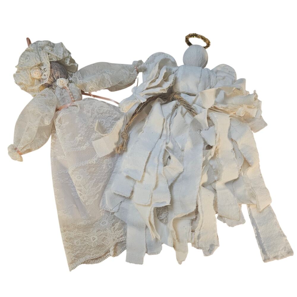 Vtg Lot of 2 Handmade Fabric Dolls Victorian Lace & Shabby Chic Rag Angel 13"